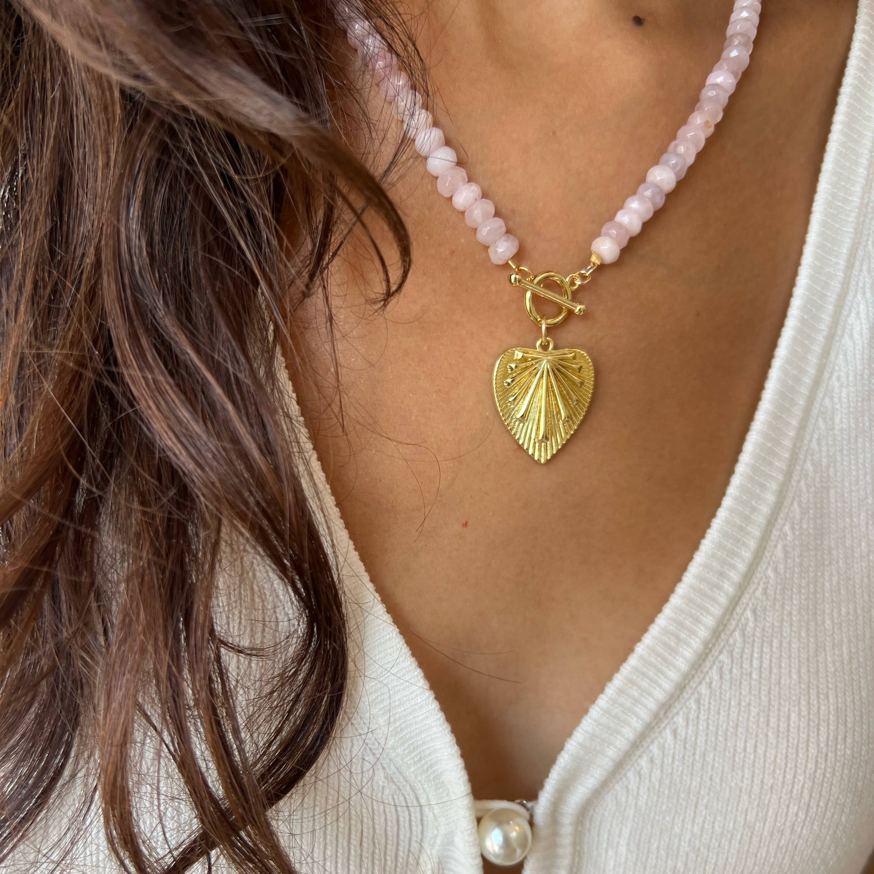 Rosalie Rose Quartz Heart Beaded Toggle Necklace Gold Filled