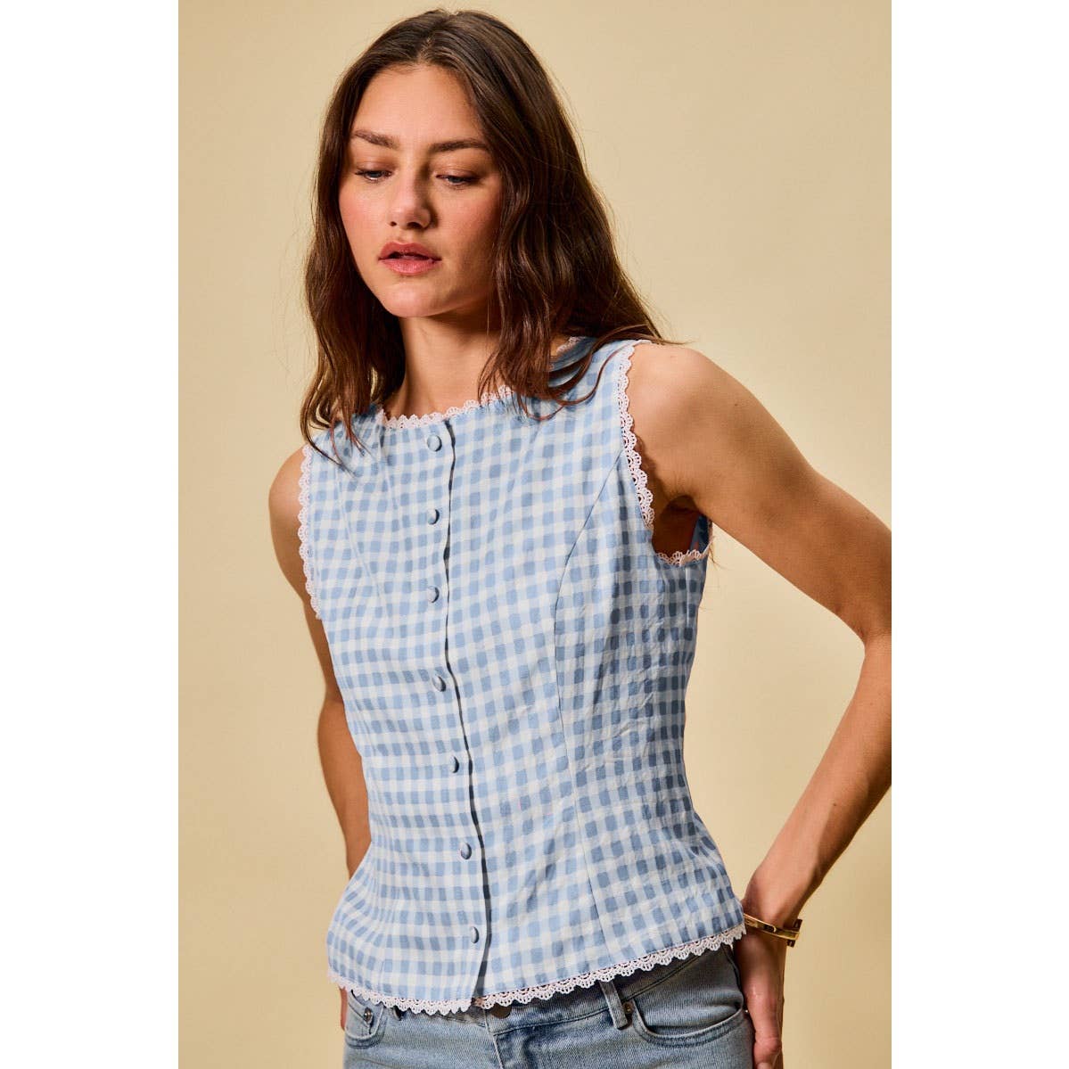 Kensington | Gingham Lace Trim Button Down Top