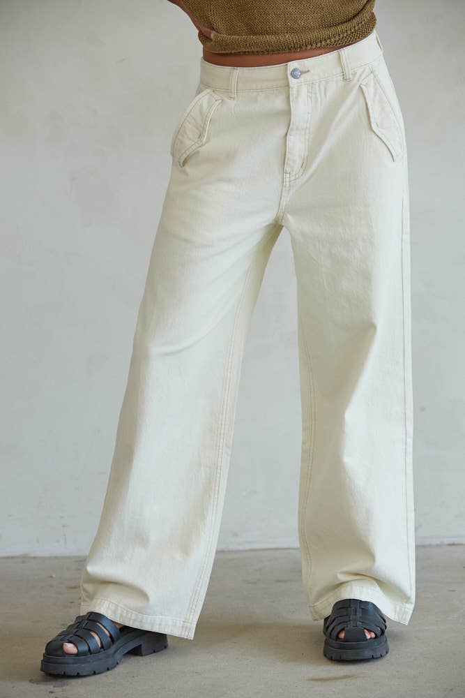 Nola | Woven Denim Straight Leg Pants (Cream)