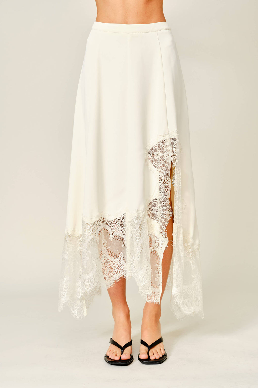 Bobby | Lace Insert Unbalance Hem Midi Skirt