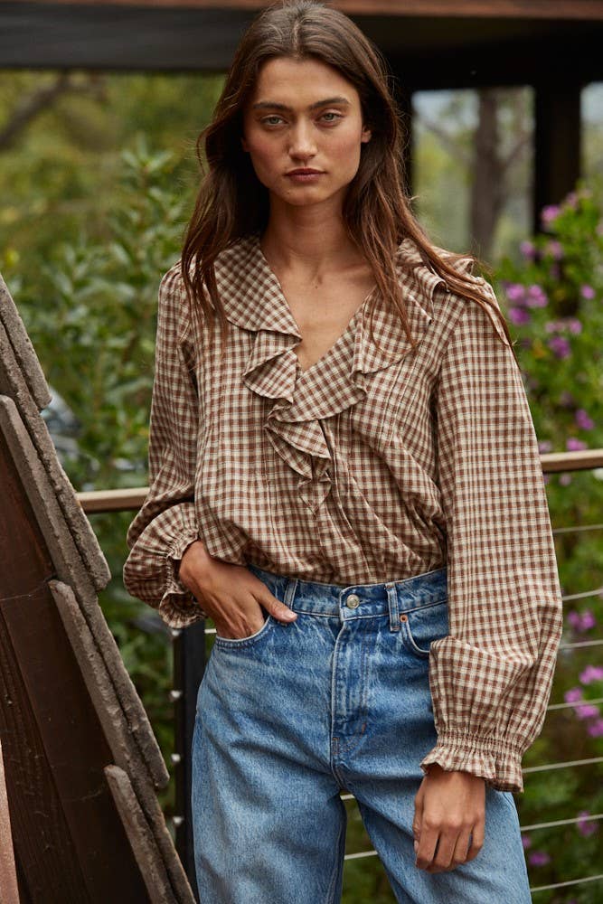 Maple | Woven 100% Cotton Gingham Ruffled Blouse