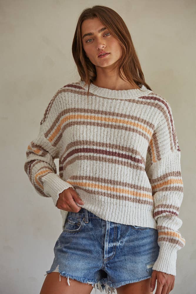 Magdeline | Knit Striped Sweater Long Sleeve Mock Neck Pullover