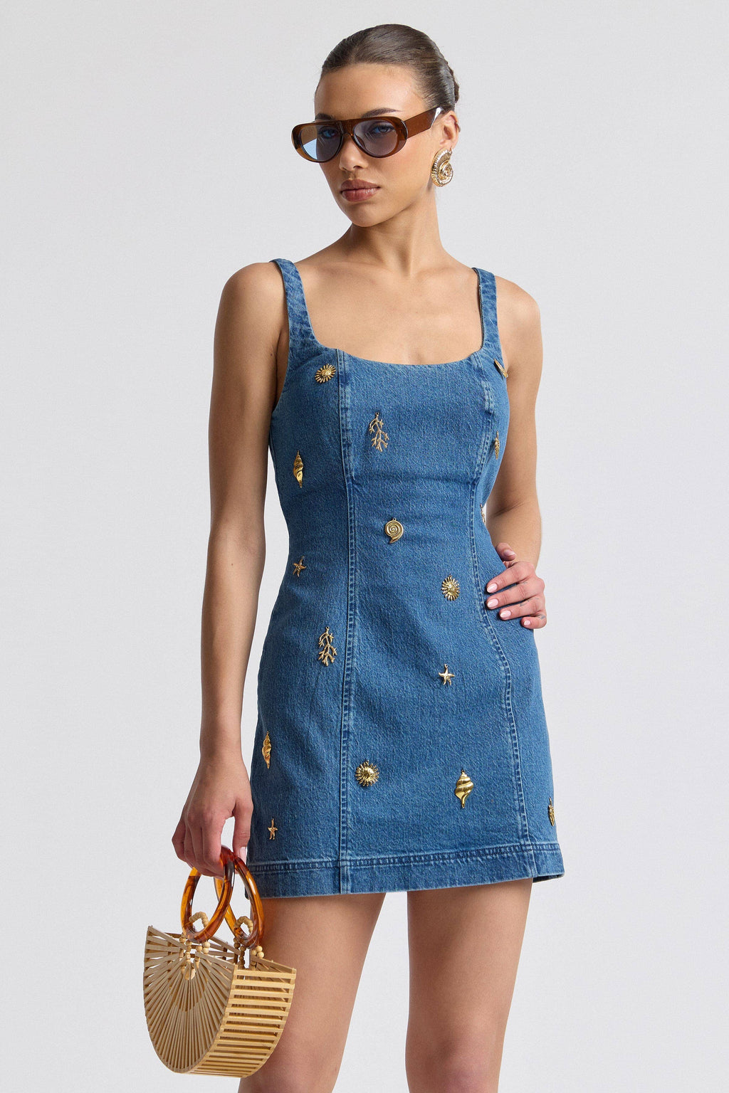 Monarch | Stretch Denim Charm Embellished Mini Dress