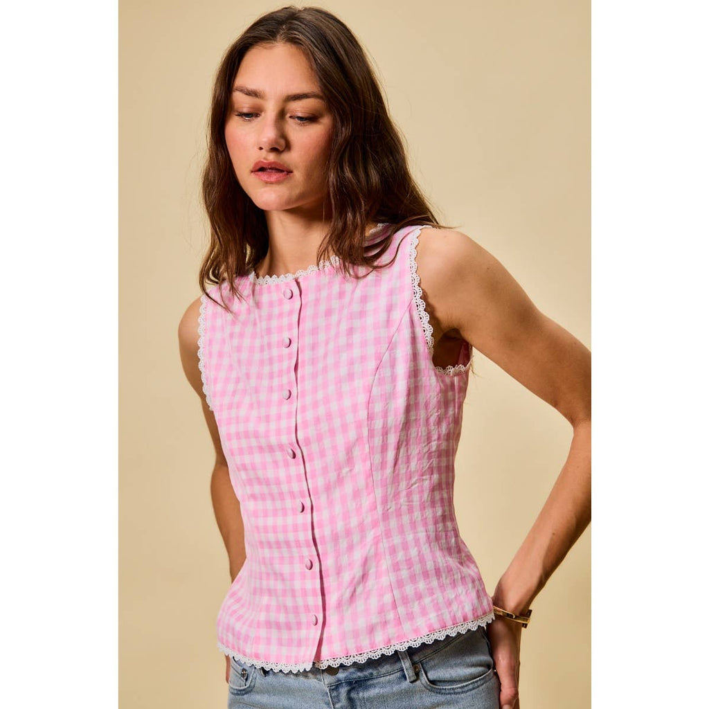 Kensington | Gingham Lace Trim Button Down Top