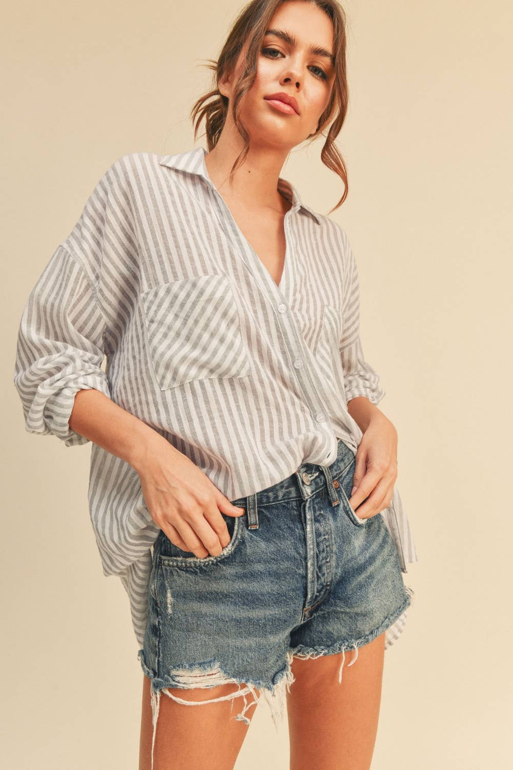 Wren | Grey Striped Buttondown Shirt