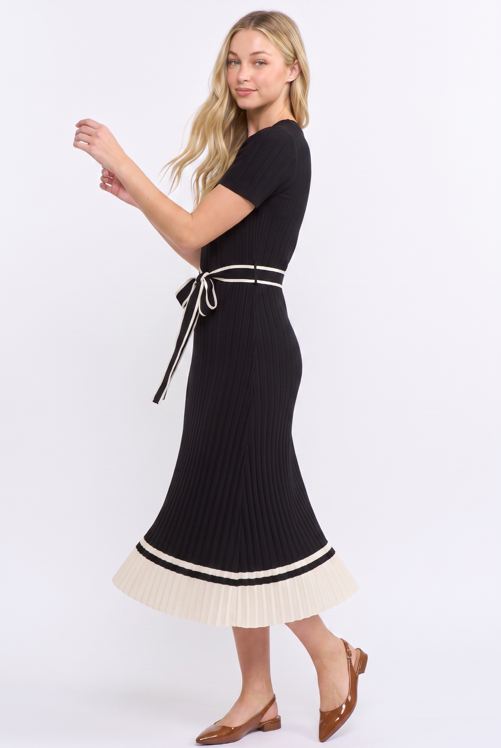 Margaret |  Ribbed Knit Midi Sweater Dress with Belt