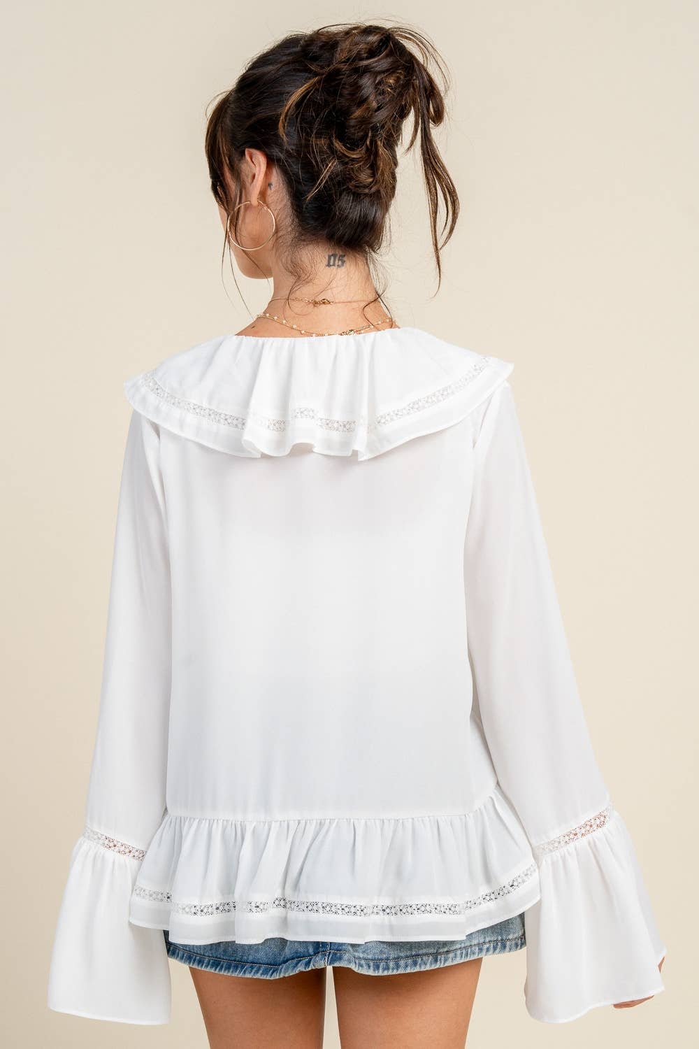 Drift | Trumpet Sleeve Blouse w/ Cascade Ruffle & Lace