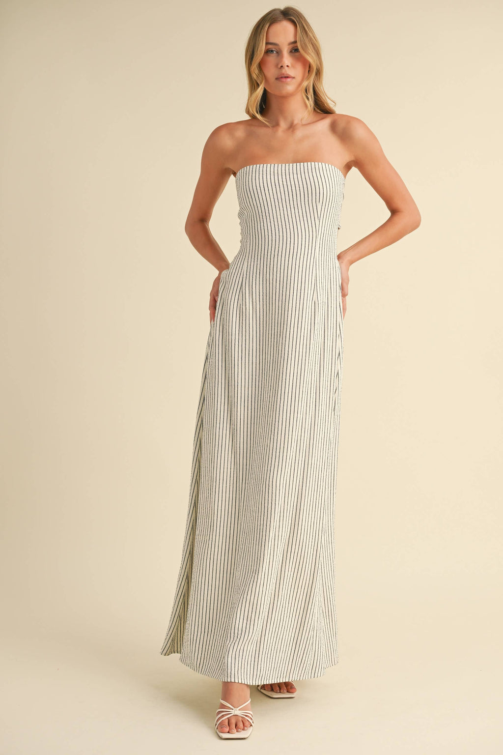 Calallily | Striped Long Back Tie Strapless Maxi