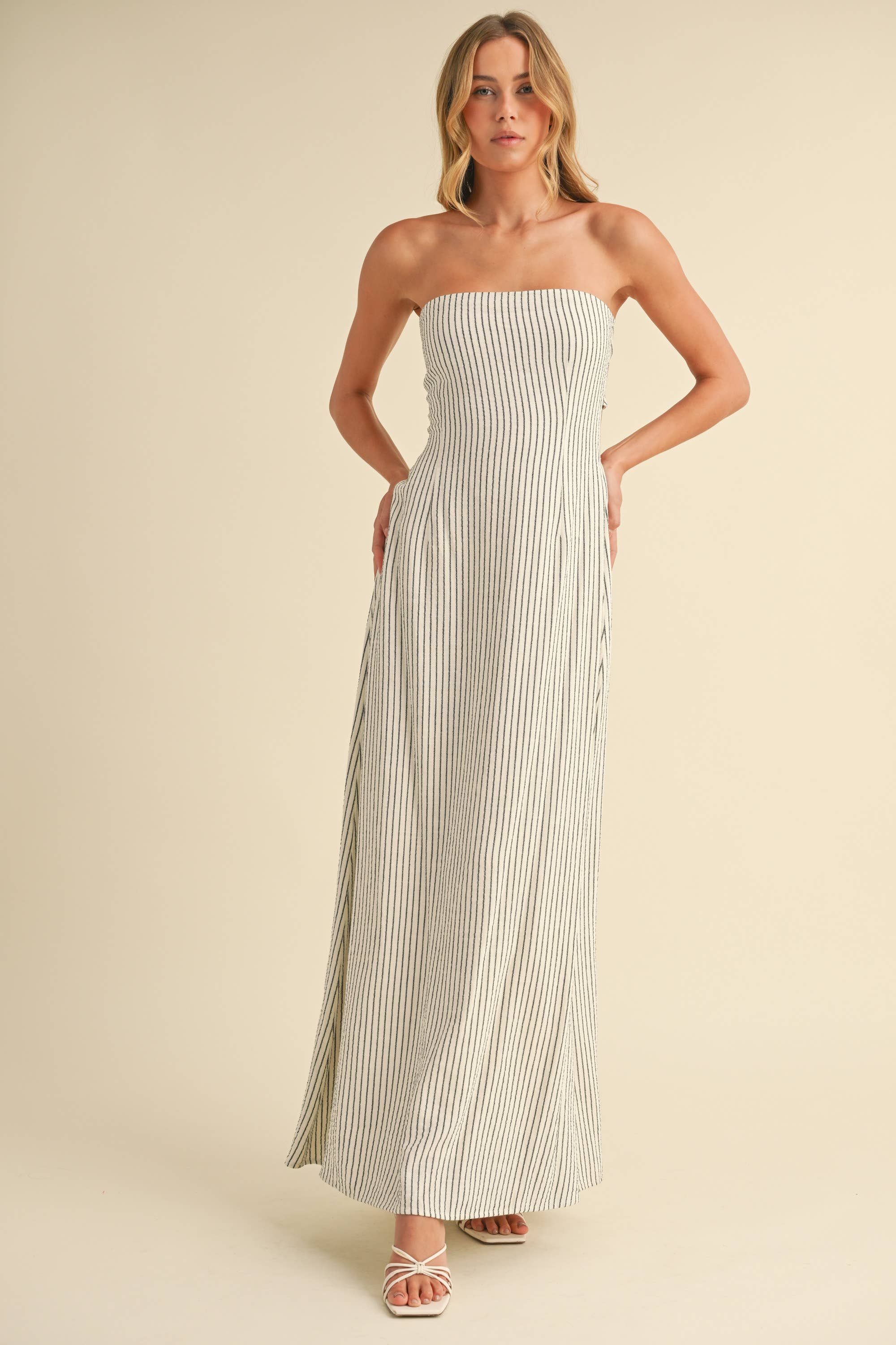 Calallily | Striped Long Back Tie Strapless Maxi