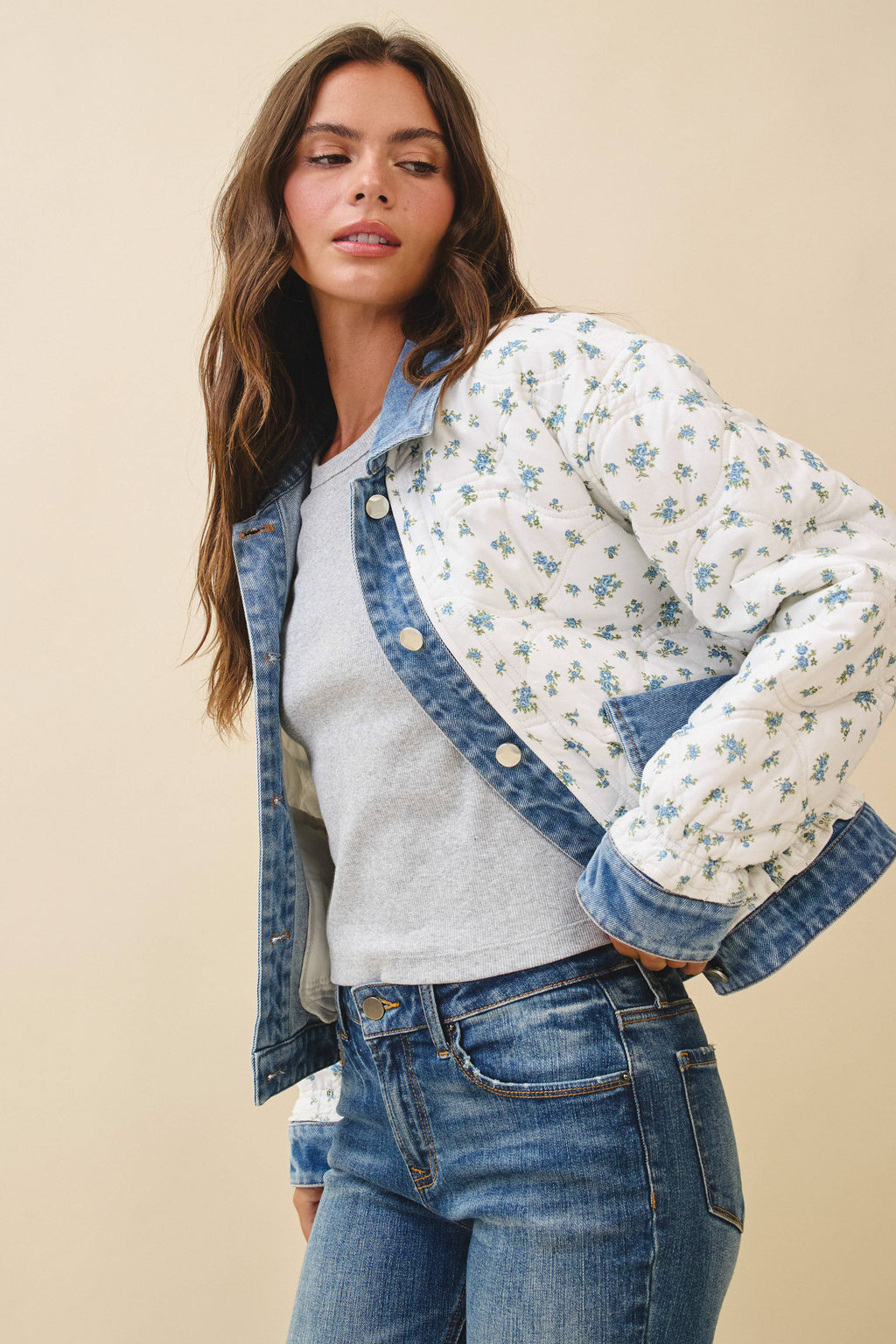 Lobelia | Floral Quilted Denim Trim Jacket
