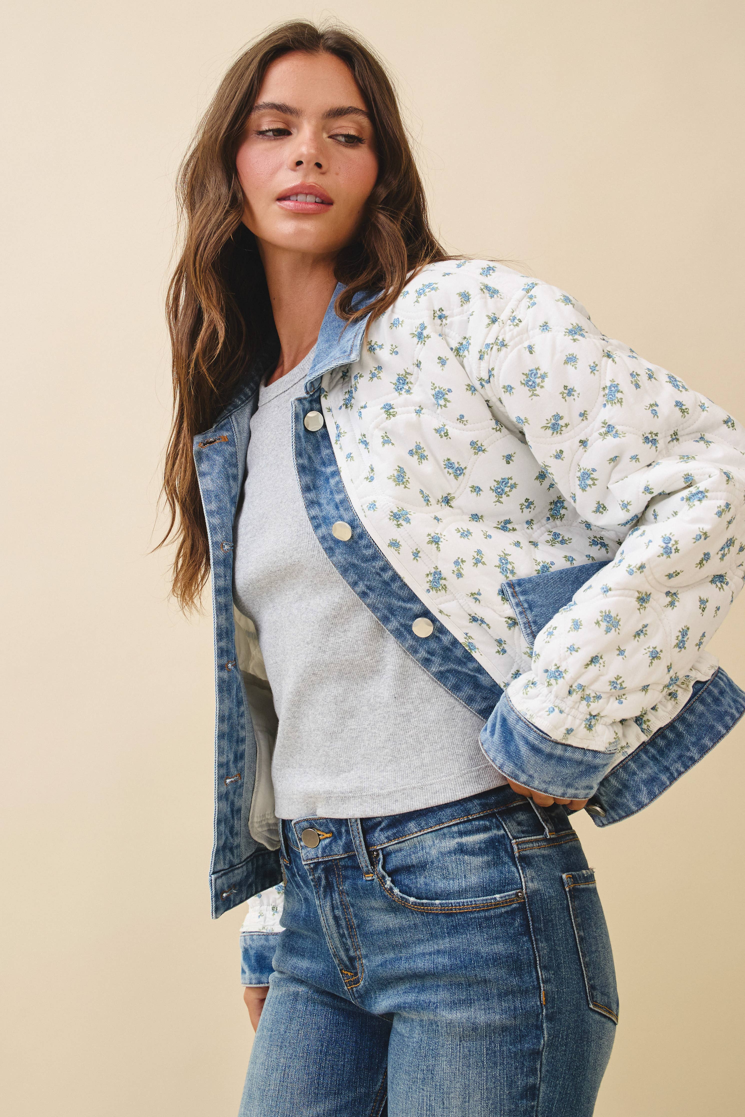 Lobelia | Floral Quilted Denim Trim Jacket
