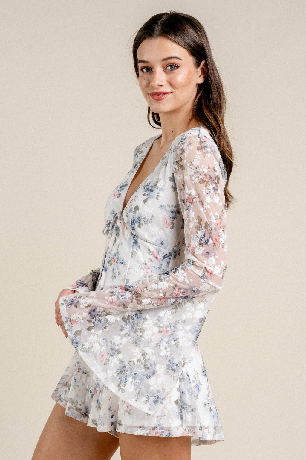 Lani | Romantic Floral Burnout Mesh  Sleeve Romper
