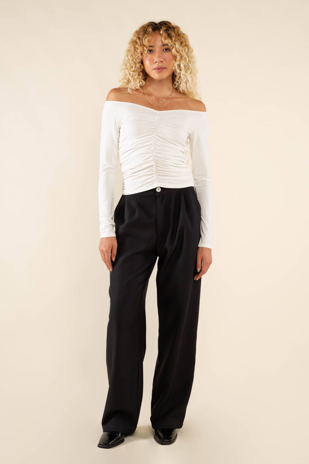 Martel | Ruched Long Sleeve Off Shoulder Top