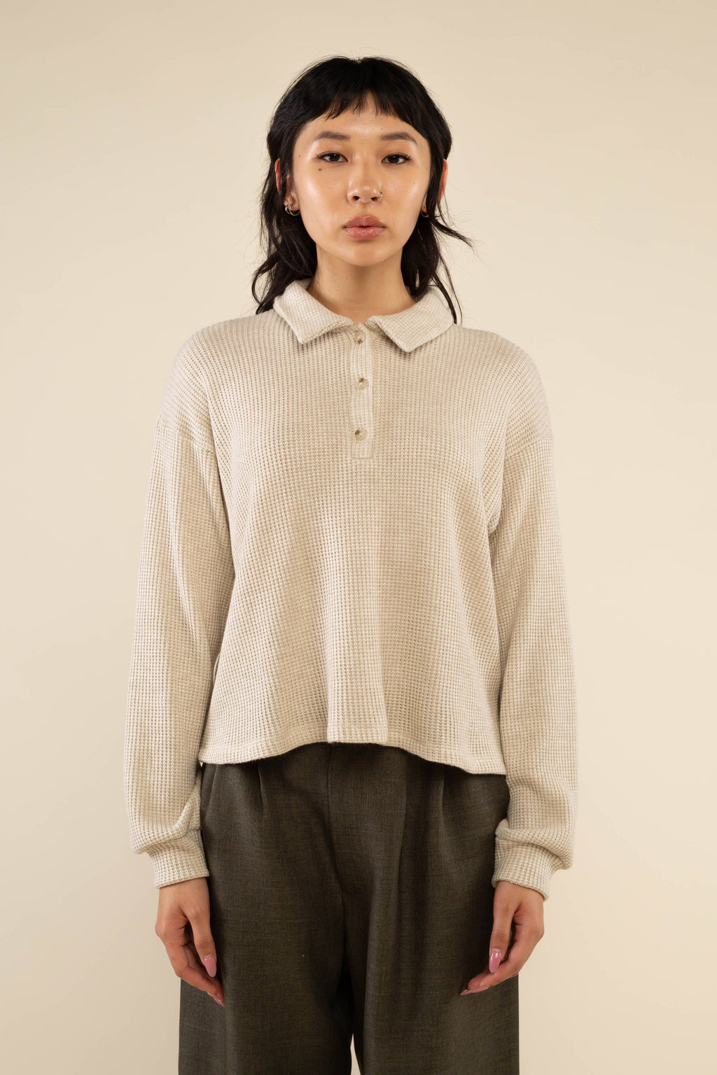 Fawn | Waffle Polo Long Sleeve Top