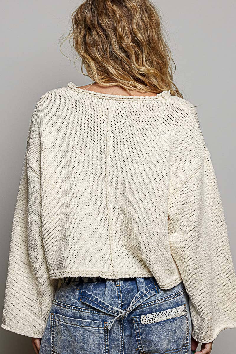 Millie | Solid Rolled-Edge Trim Chest Pocket Cropped Knit Sweater