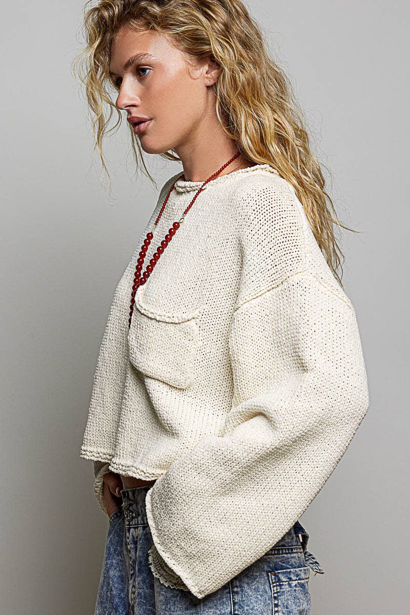 Millie | Solid Rolled-Edge Trim Chest Pocket Cropped Knit Sweater