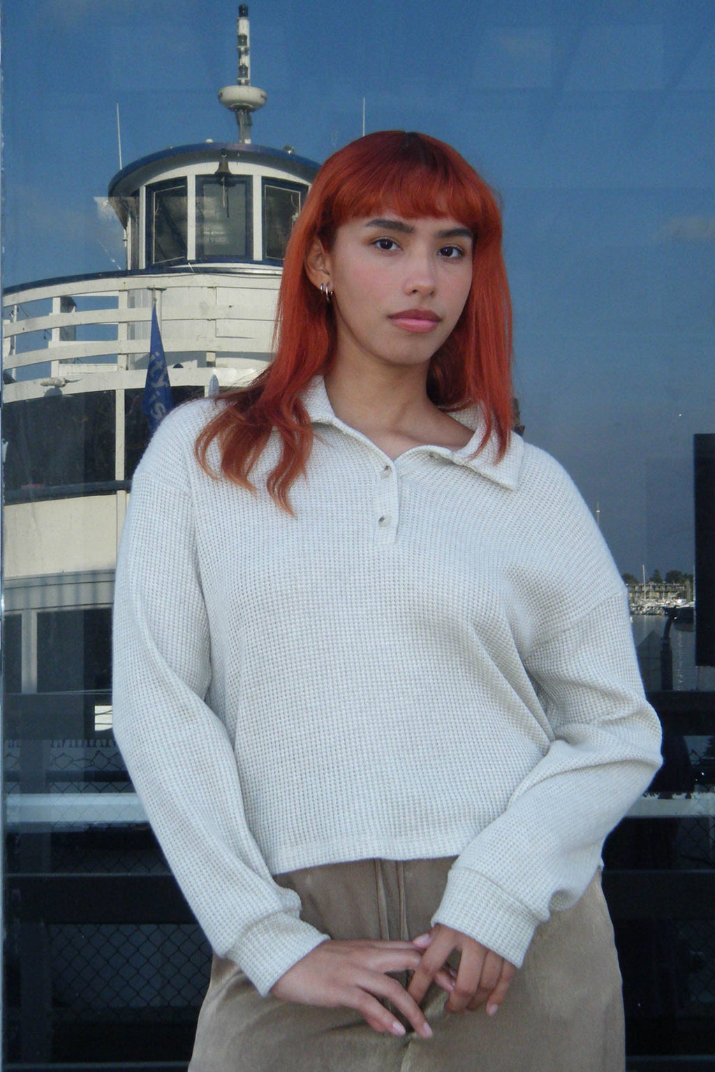 Fawn | Waffle Polo Long Sleeve Top