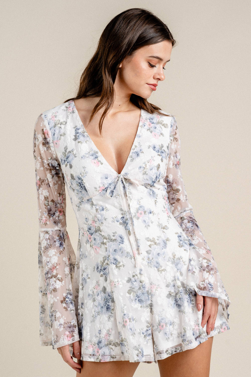 Lani | Romantic Floral Burnout Mesh  Sleeve Romper
