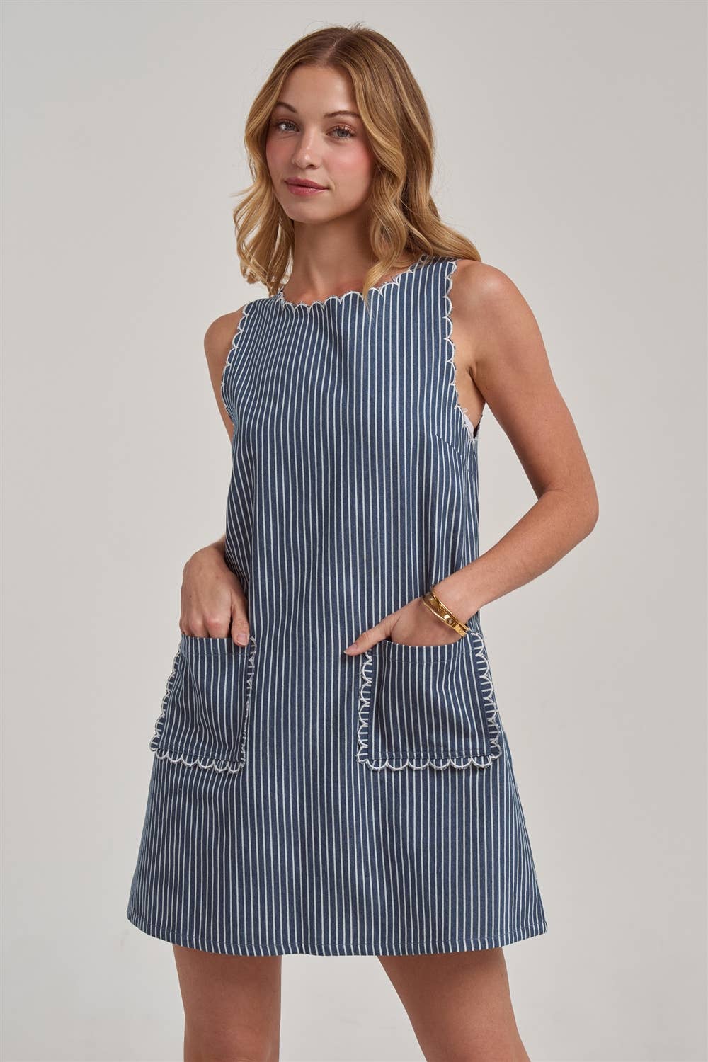 Scallop | Embroidered Sleeveless Stripe Denim Mini Dress
