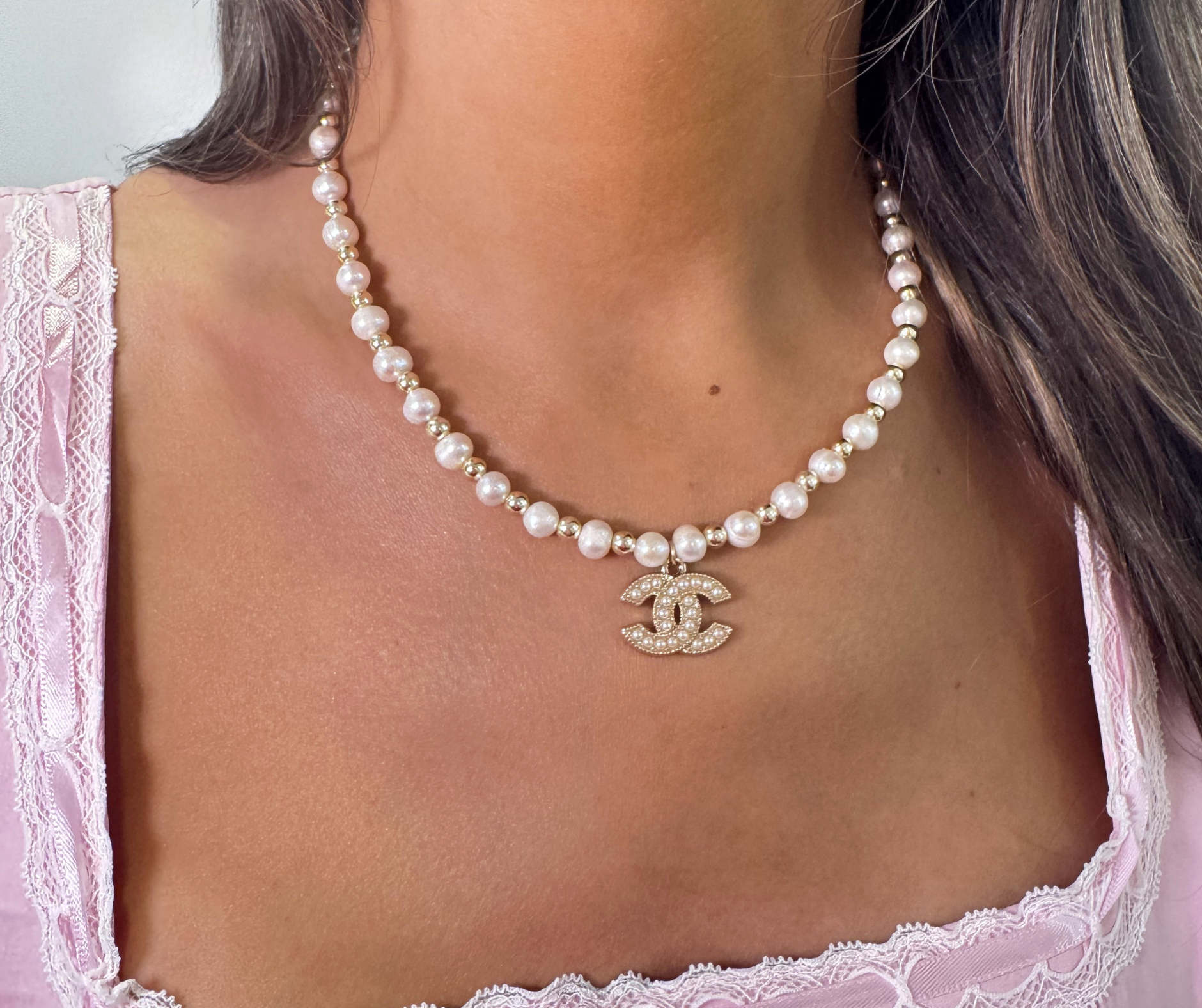 14KG Filled 5mm Beaded + Freshwater Pearl Stretch Necklace