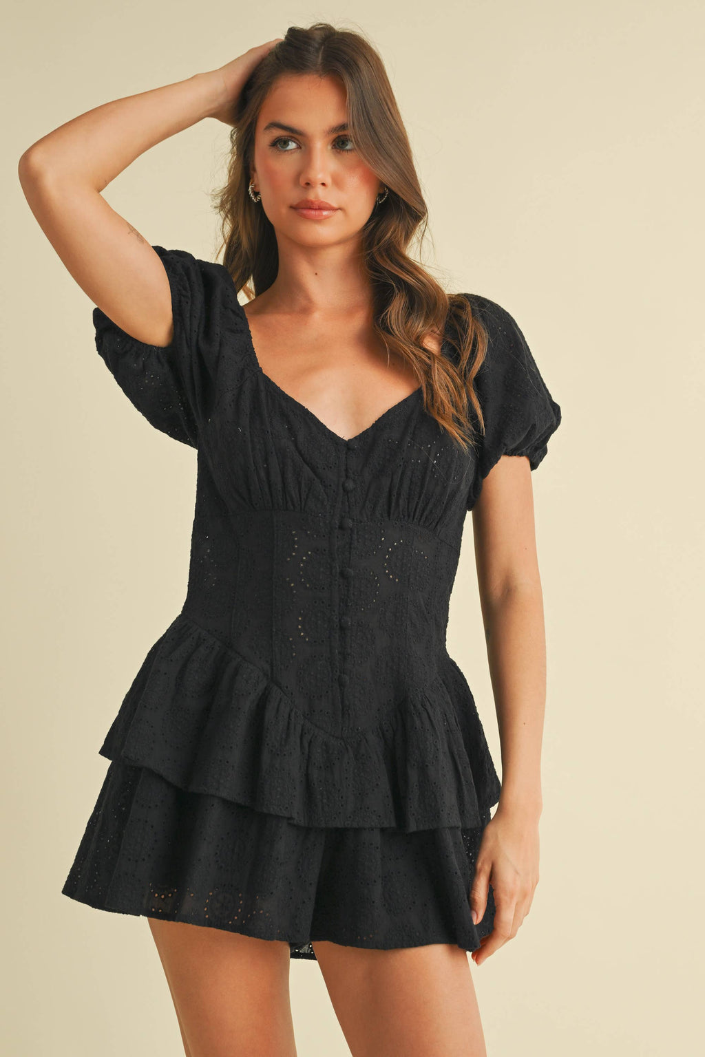Baylen | Lace Eyelet Short Puff Sleeve Tiered Romper