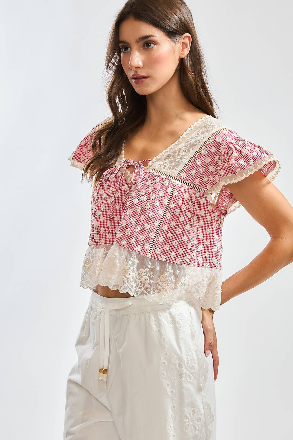Evie | 100% Cotton Gingham Lace Trim Blouse