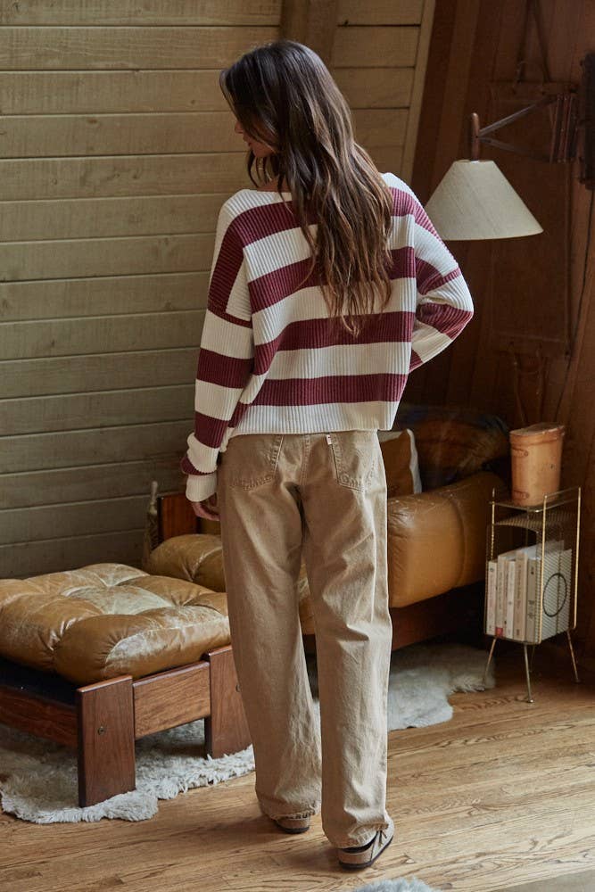 Wine | 100% Knit Cotton Sweater Striped Boat Neck