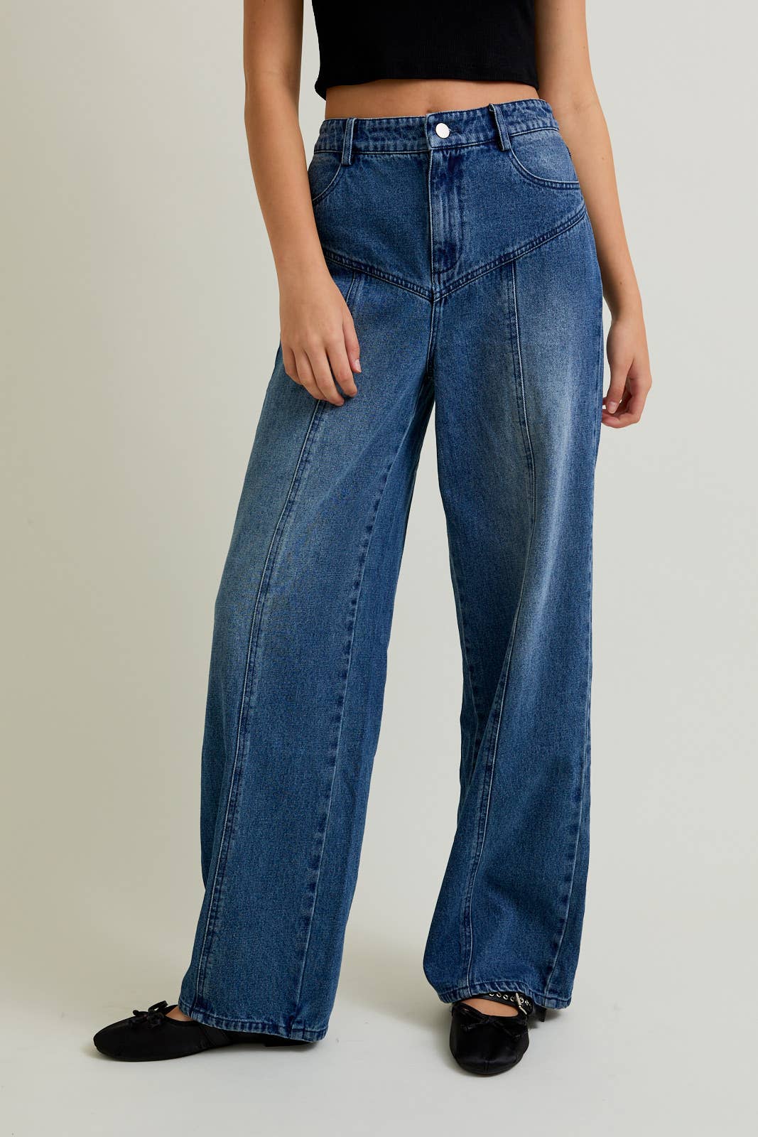 Opal | Mid-Rise Front Yoke Detail Wide Jeans