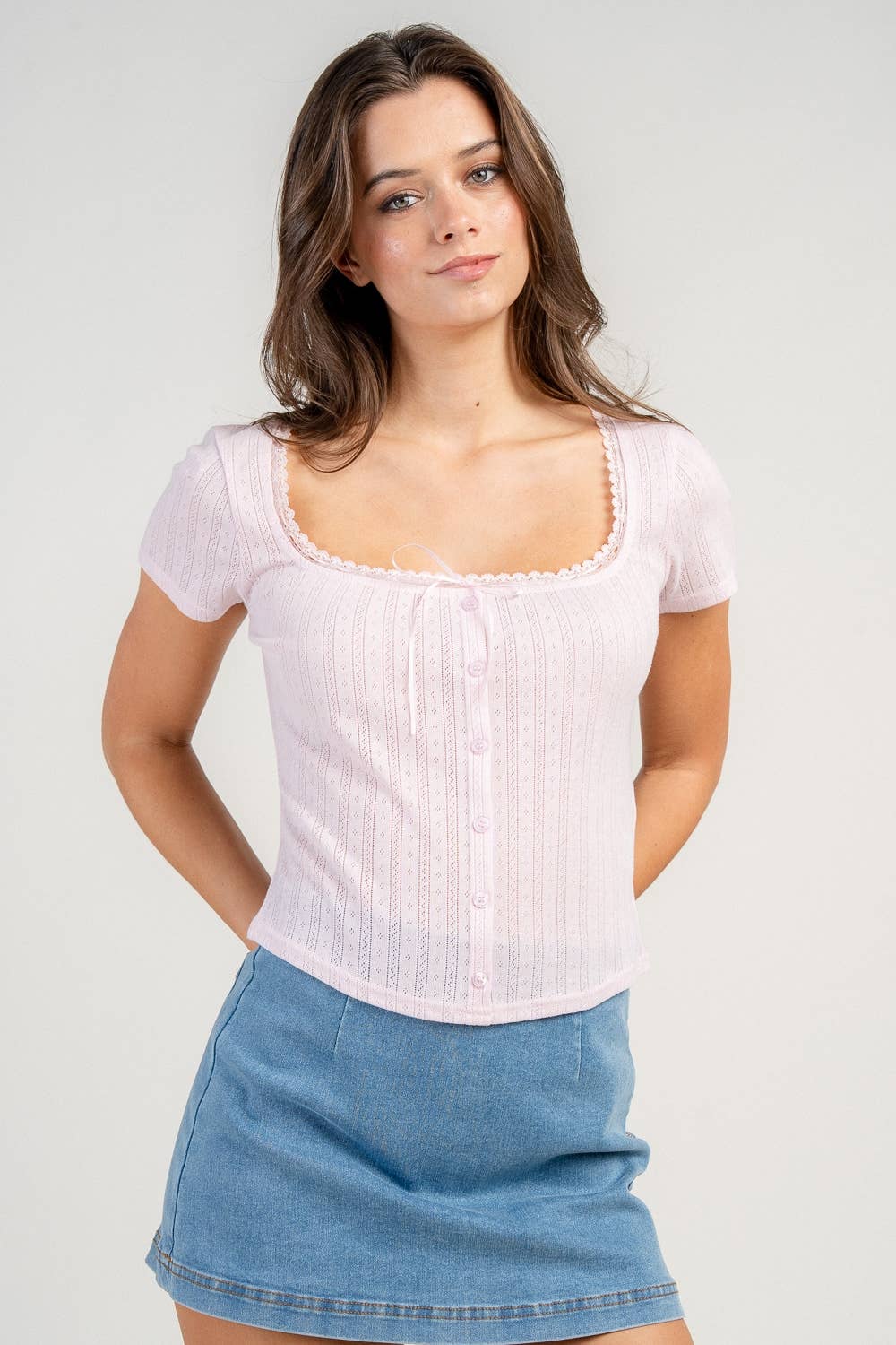 Isla | Pointelle Button Down Cap Sleeve Top