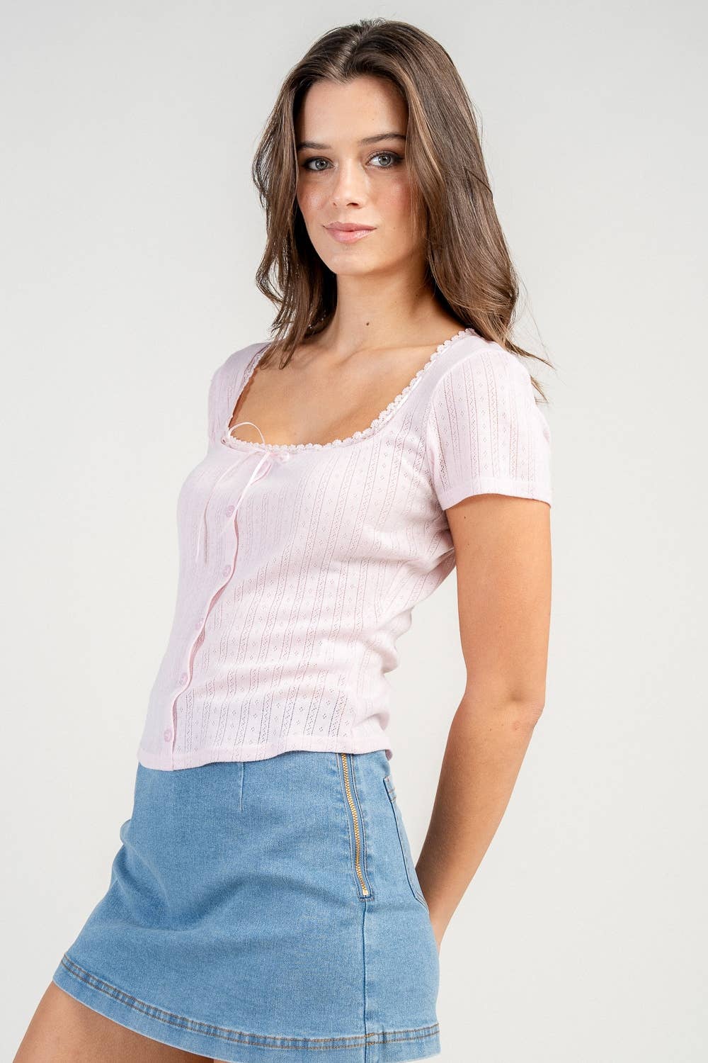 Isla | Pointelle Button Down Cap Sleeve Top
