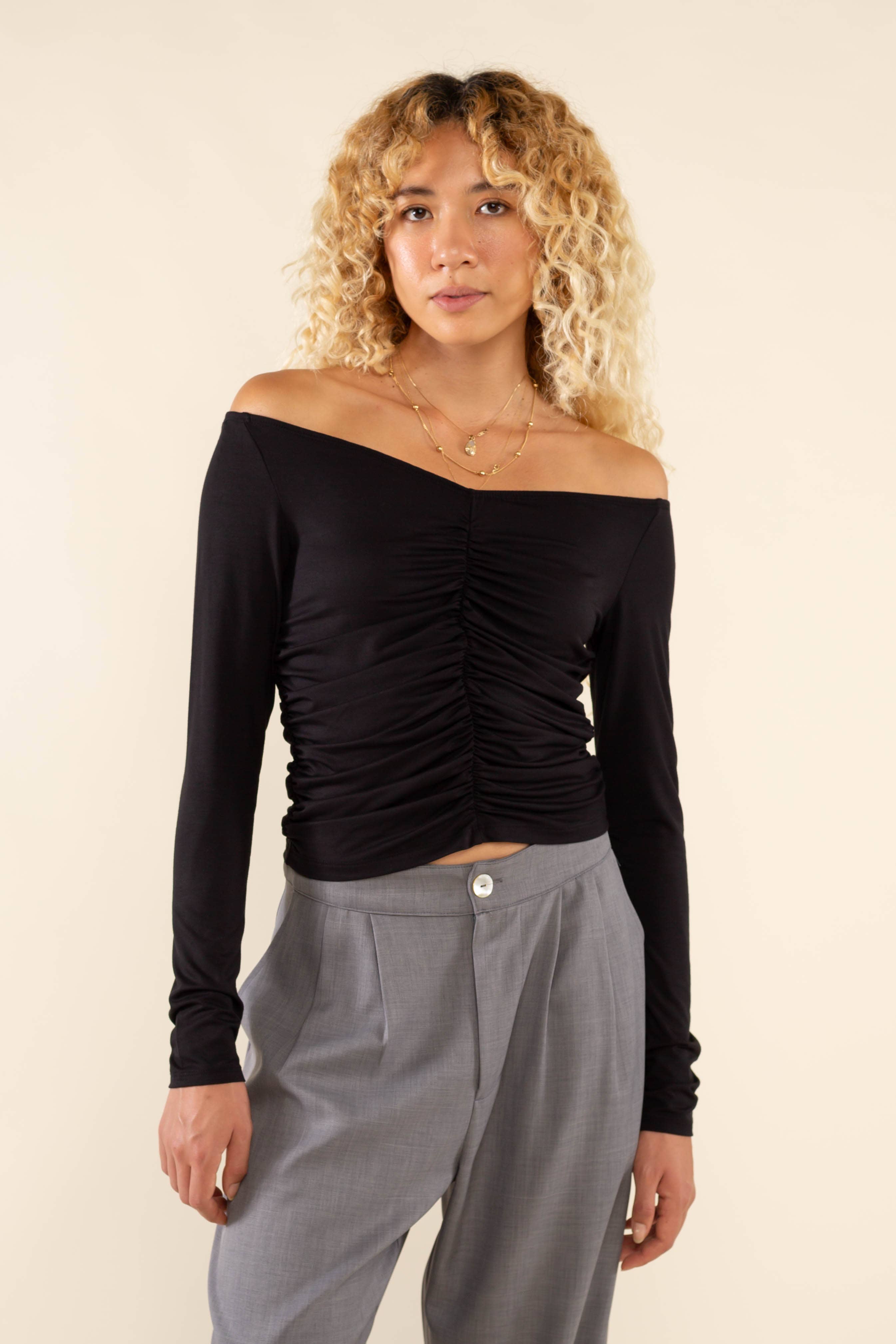 Martel | Ruched Long Sleeve Off Shoulder Top