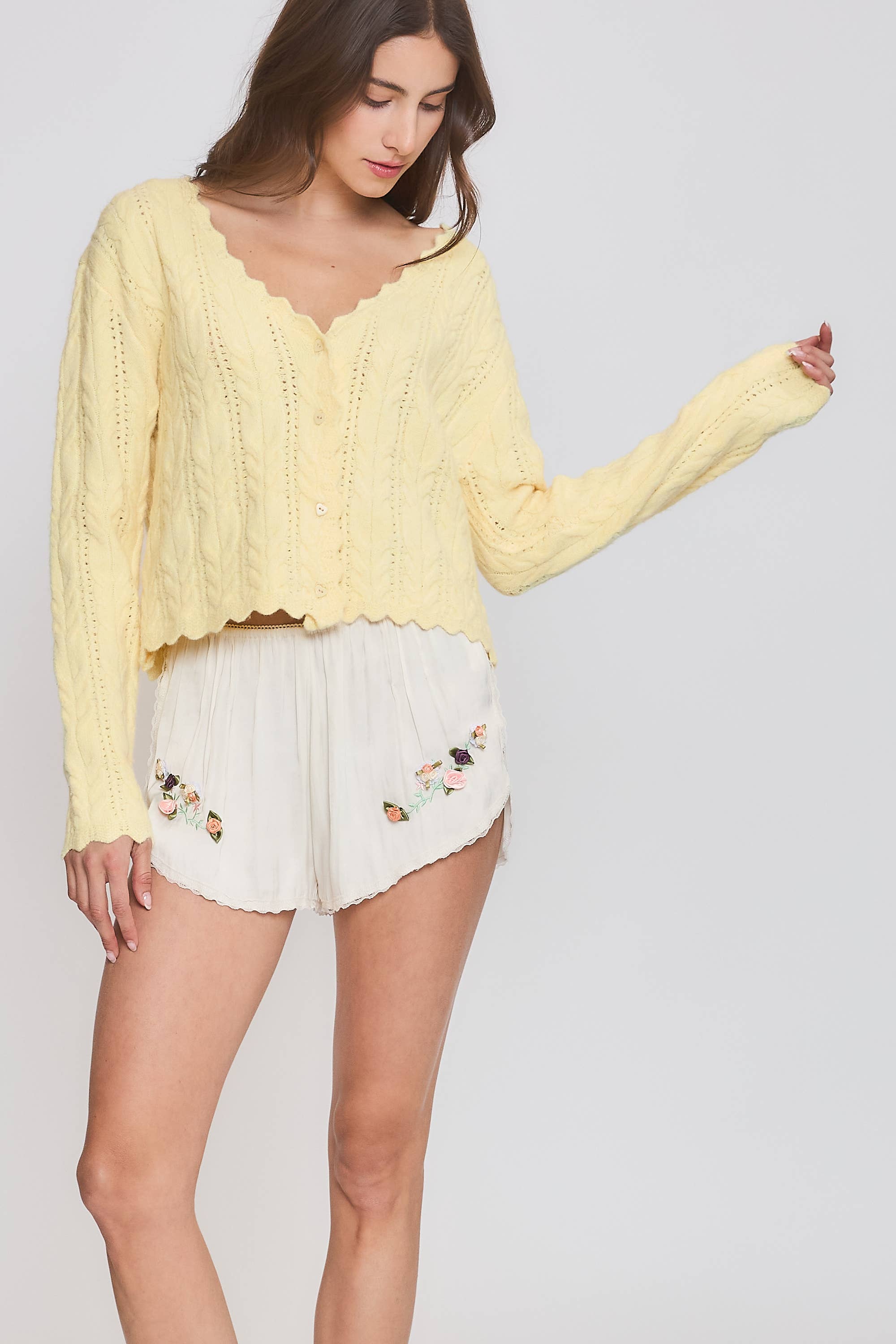 Greer | Scallop Hem Cable Knit Cardigan