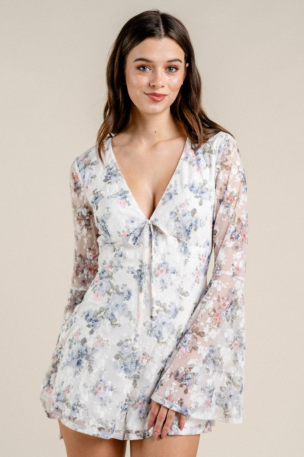 Lani | Romantic Floral Burnout Mesh  Sleeve Romper