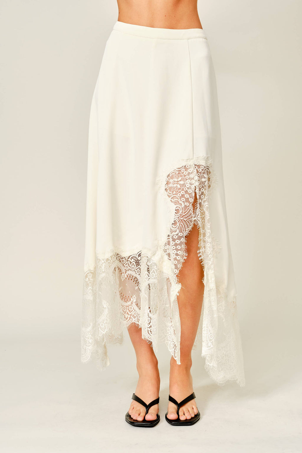 Bobby | Lace Insert Unbalance Hem Midi Skirt