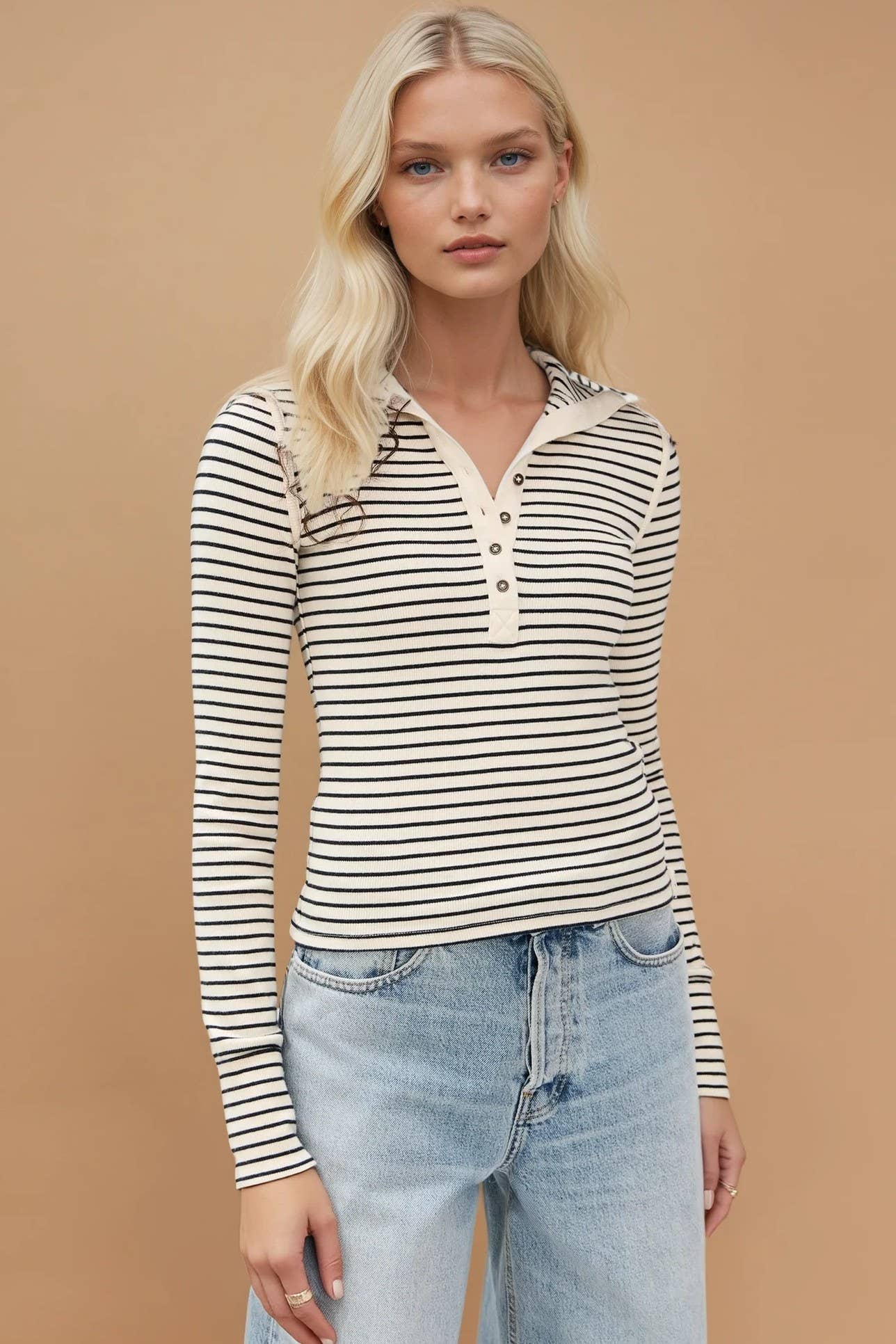 Sinclaire | Long Sleeve Striped Knit Henley Top