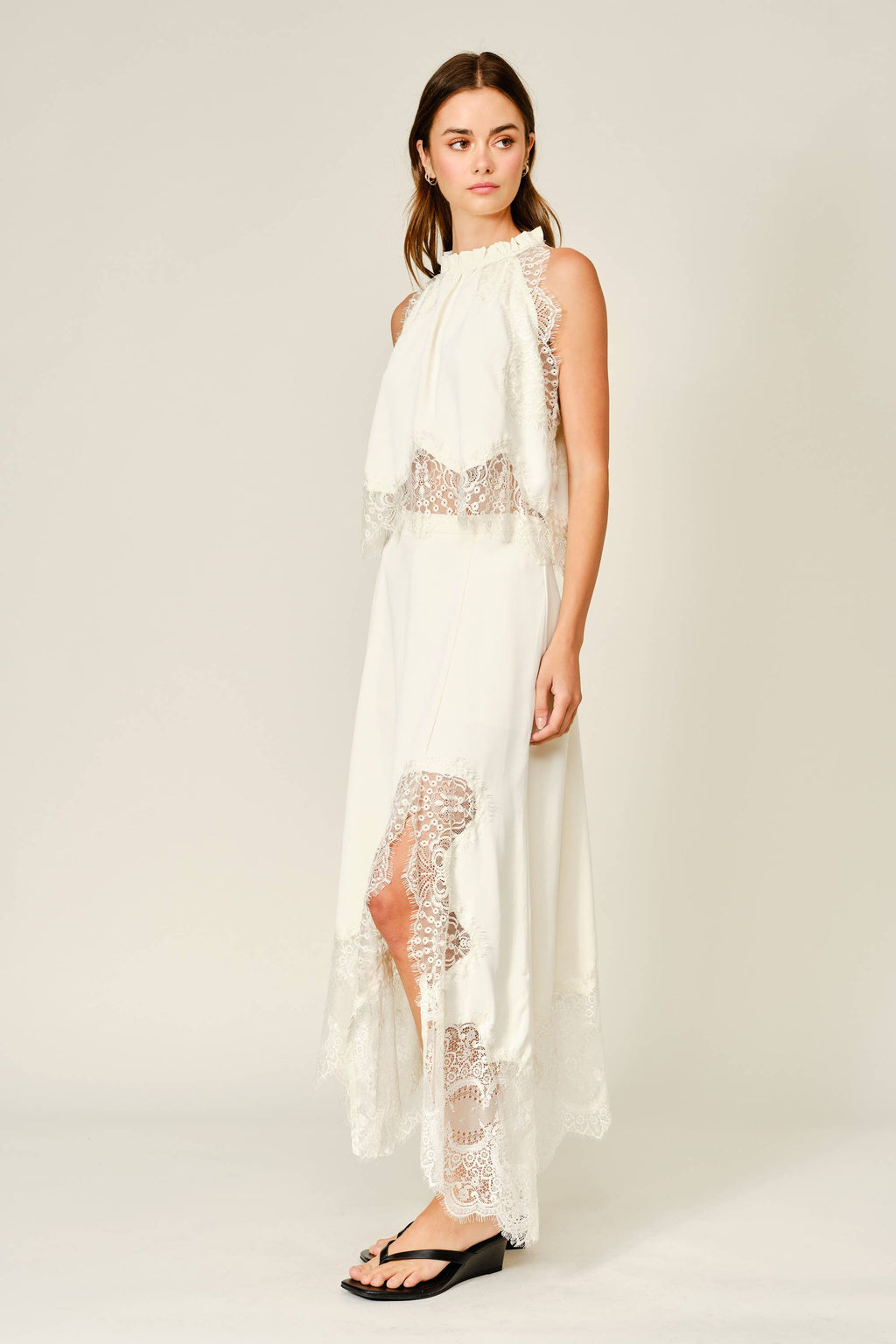 Bobby | Lace Insert Unbalance Hem Midi Skirt