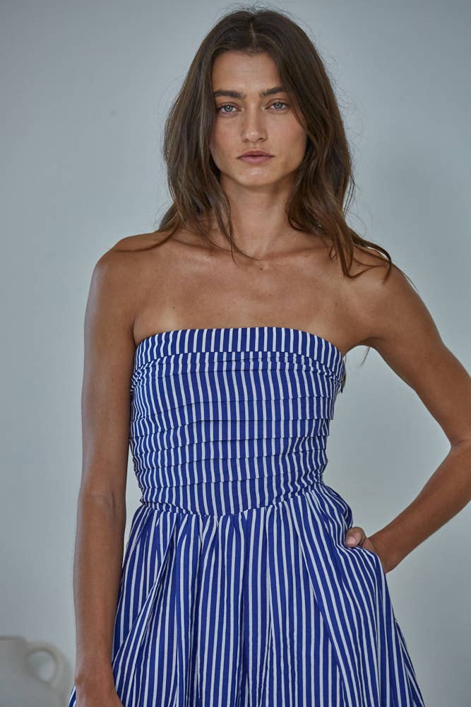 Navy | Striped Tube Neck Strapless Flare Maxi Dress