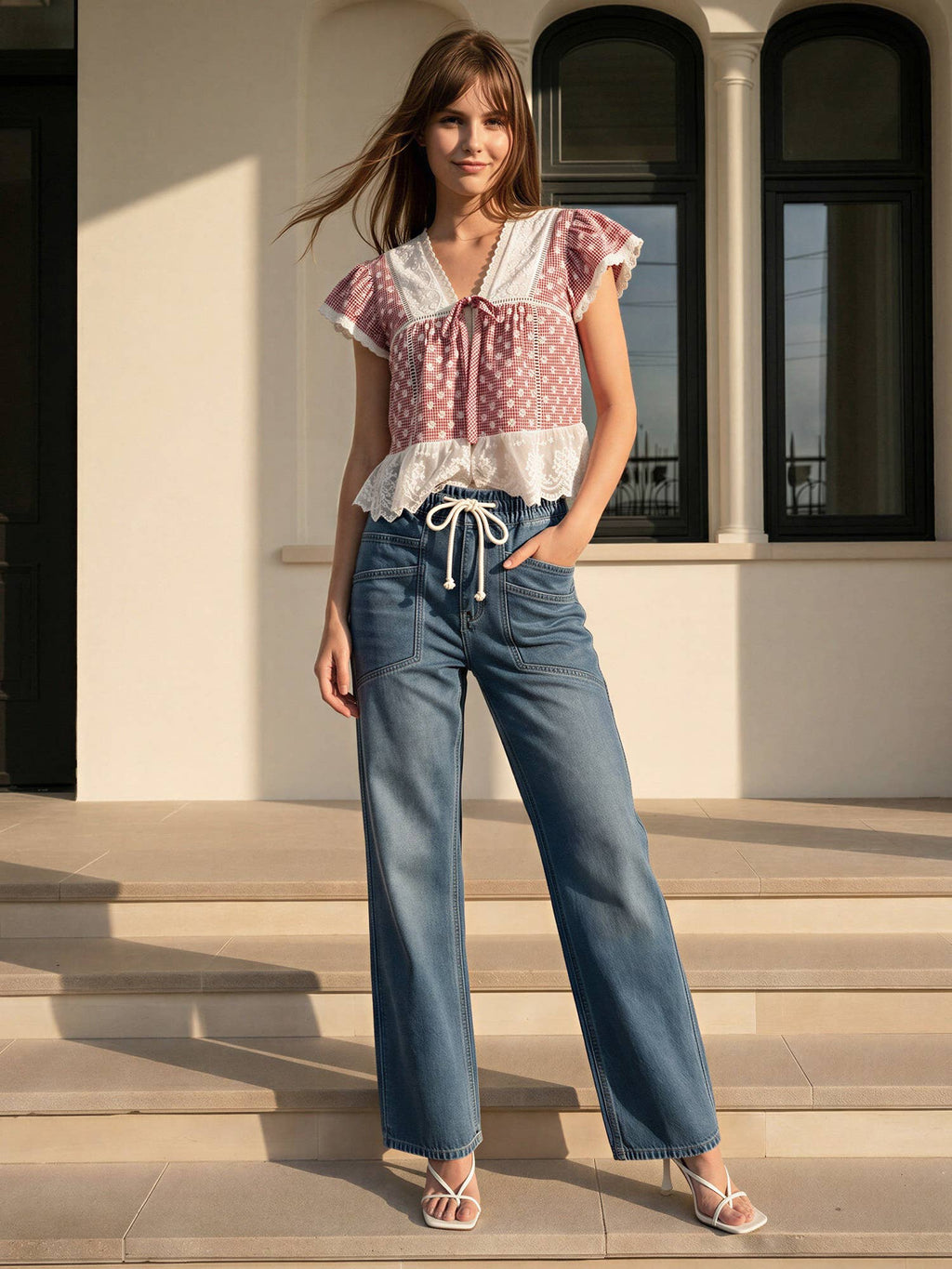 Evie | 100% Cotton Gingham Lace Trim Blouse