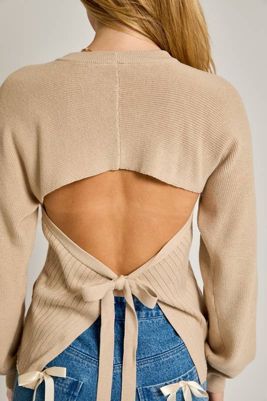 Long Sleeve Crew Neck Ribbed Open Back Sweater