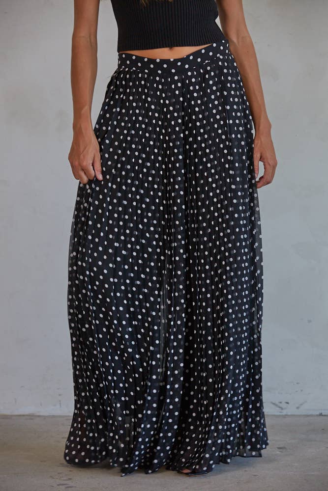 Raye | Polka Dot Pleated Chiffon Waist Band Wide Leg Pants