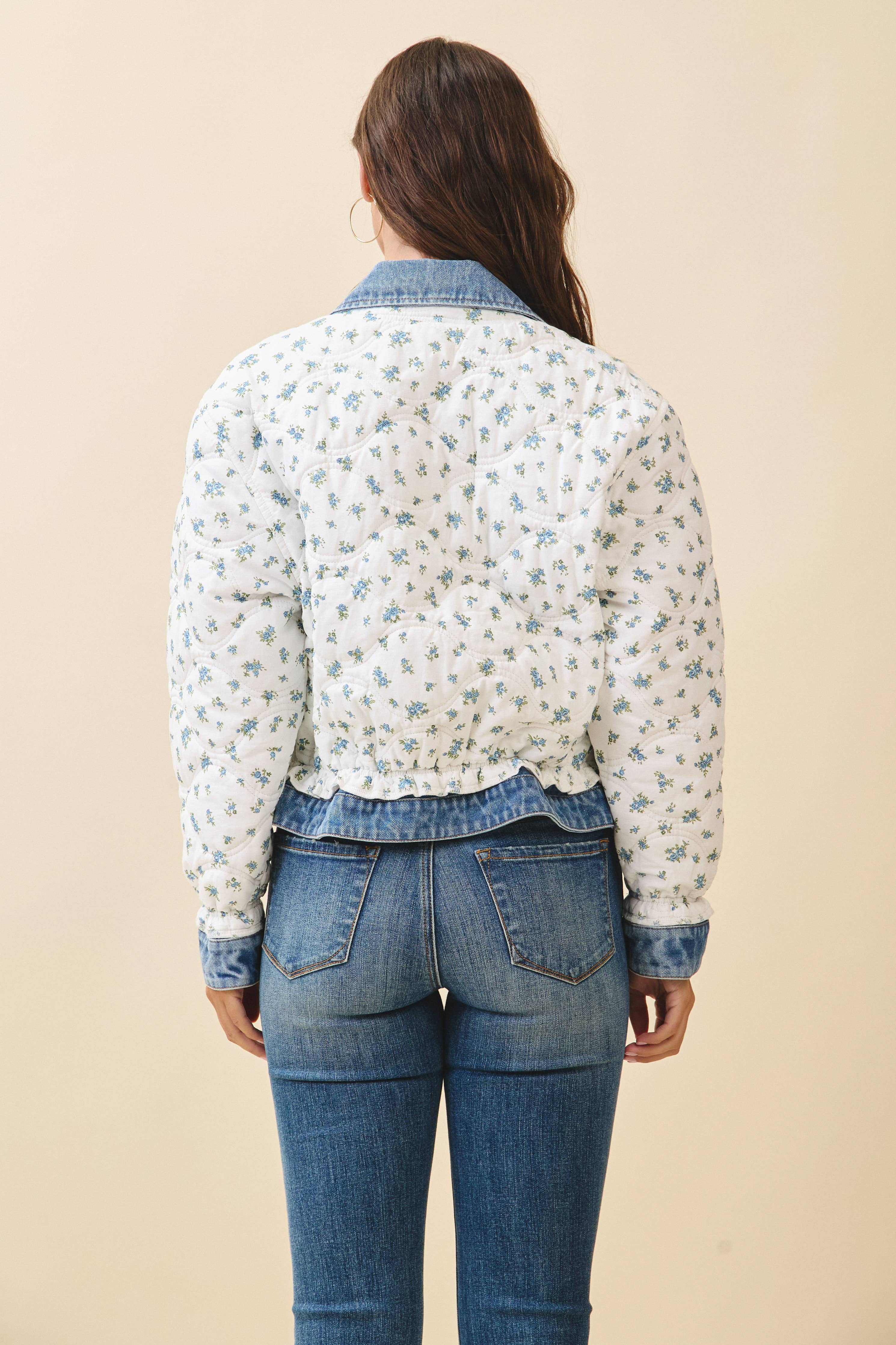 Lobelia | Floral Quilted Denim Trim Jacket