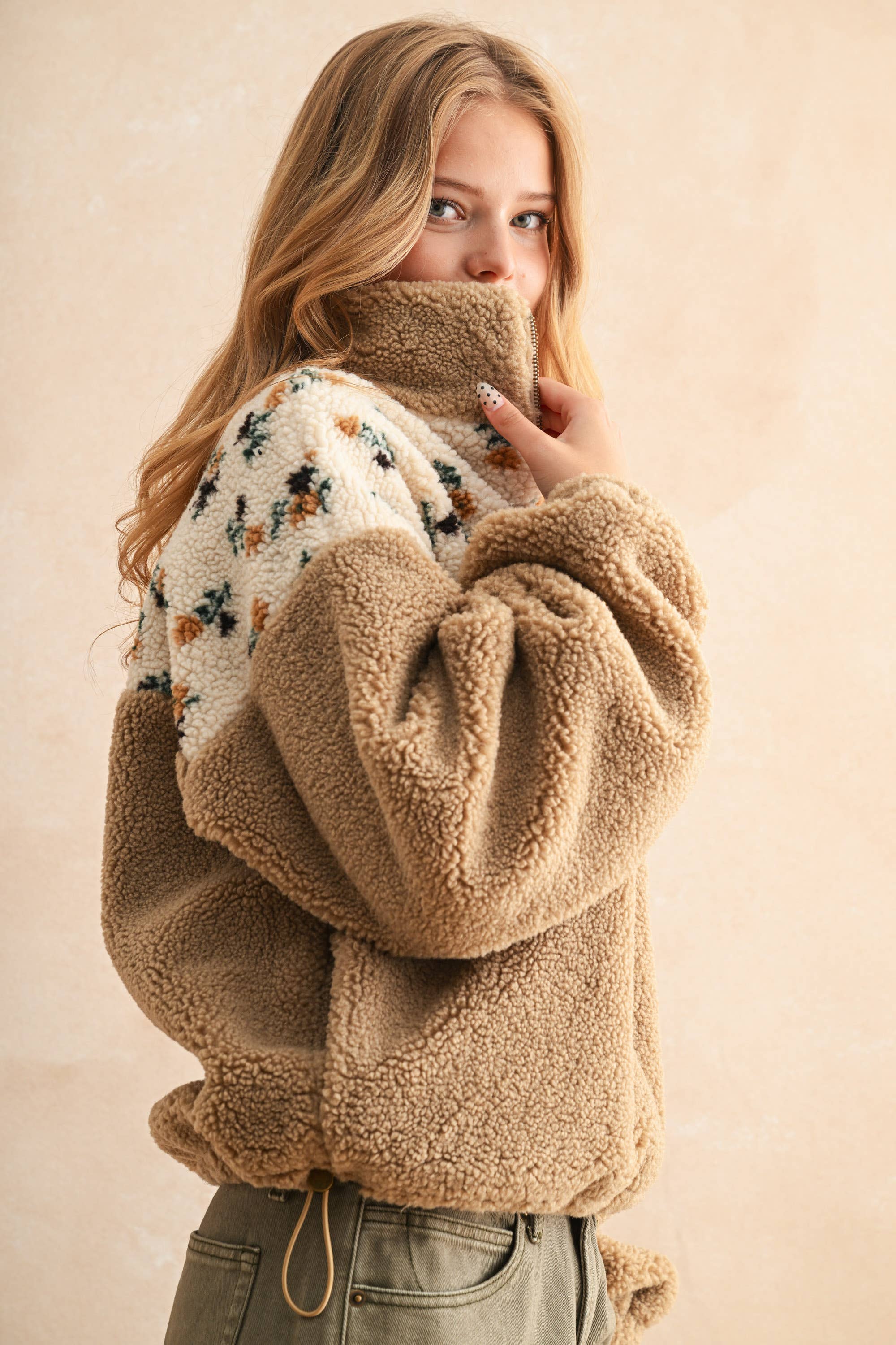 Amber | Half Zip Floral Print Contrast Sherpa Pullover