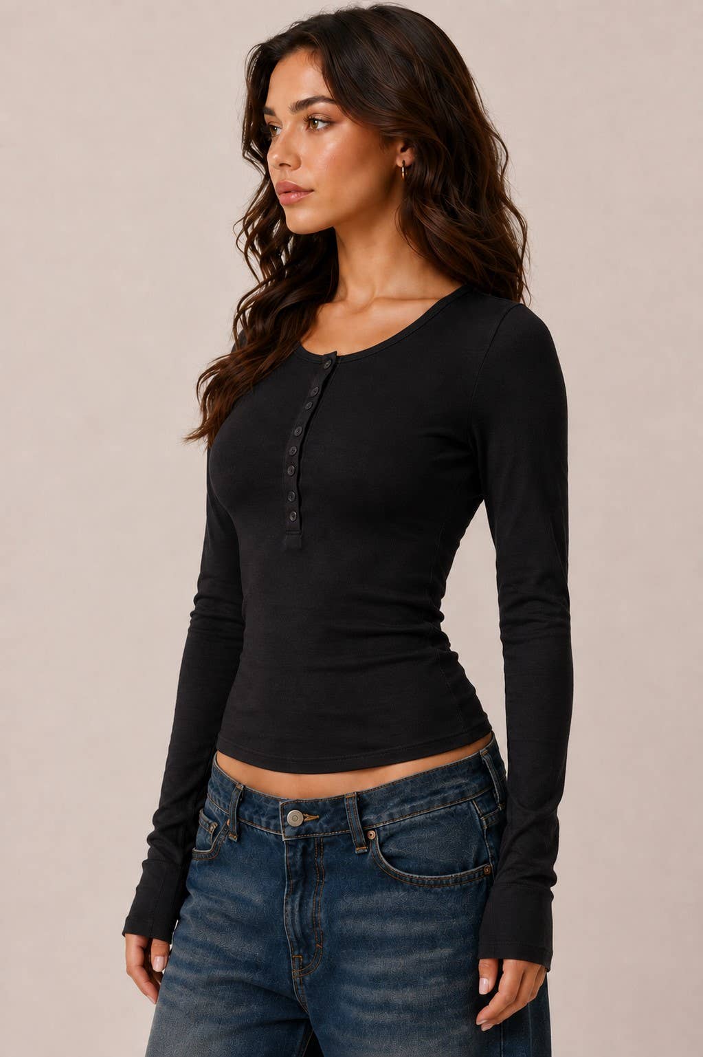 Brooke | Long Sleeve Crew Neck Button Henley Top