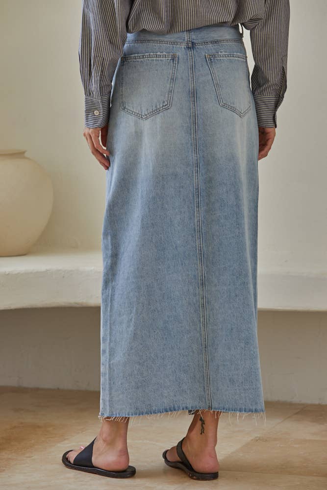 Banks | Denim Light Wash Cut off Midi Skirt