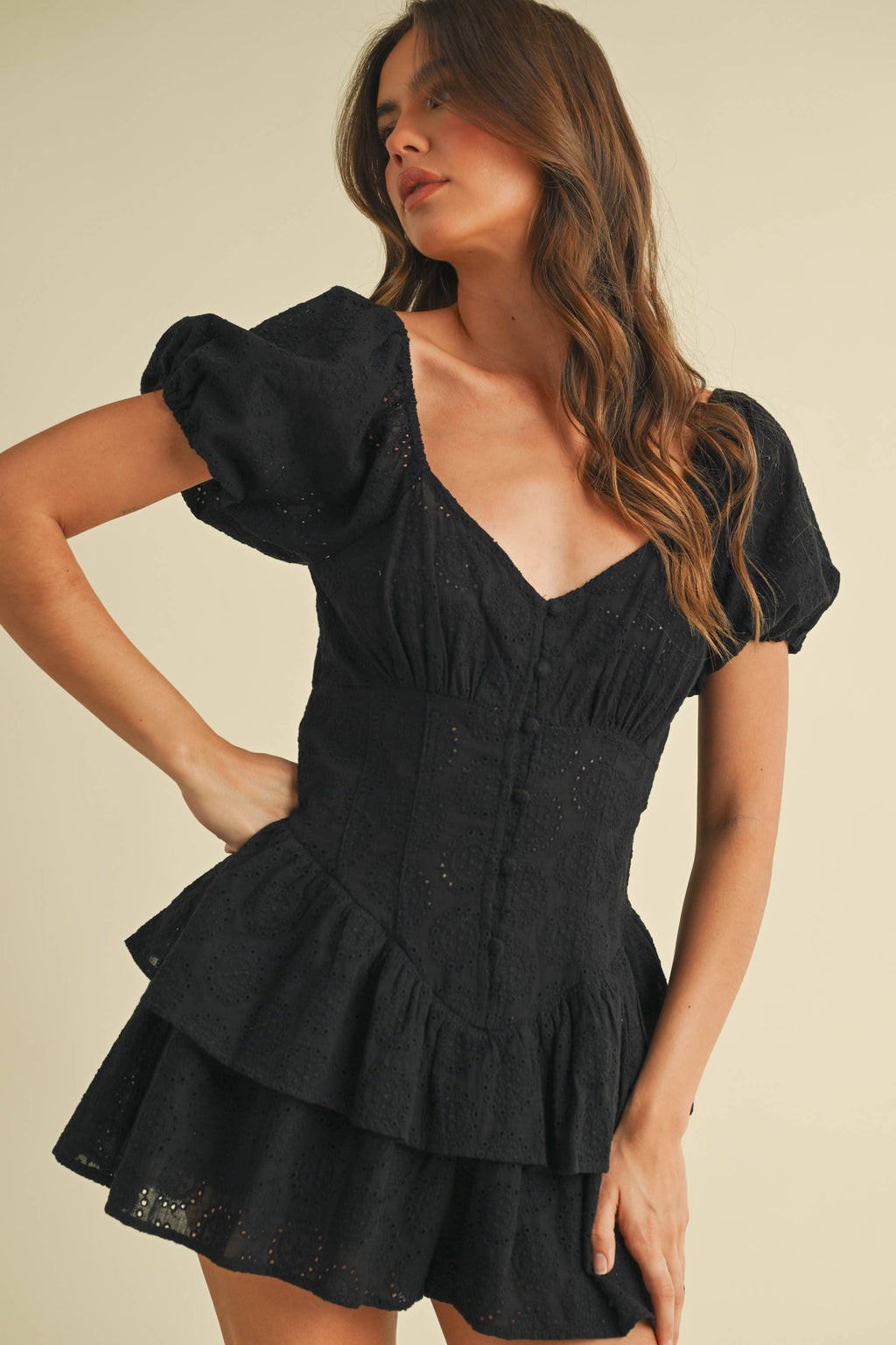 Baylen | Lace Eyelet Short Puff Sleeve Tiered Romper