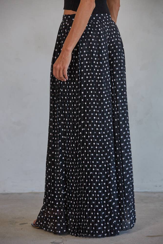 Raye | Polka Dot Pleated Chiffon Waist Band Wide Leg Pants