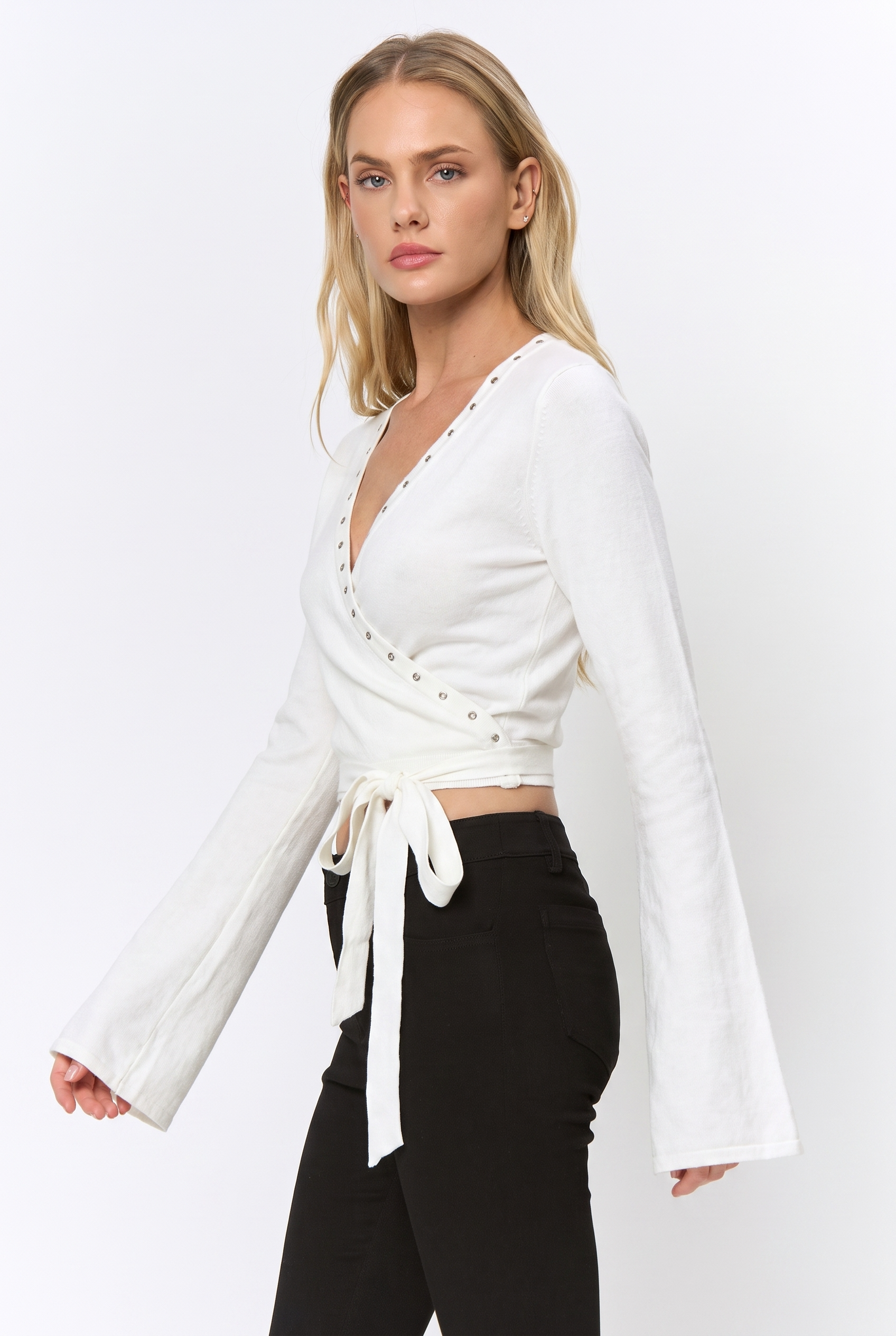 Regina | Studded Wrap Long Leeve Sweater Top