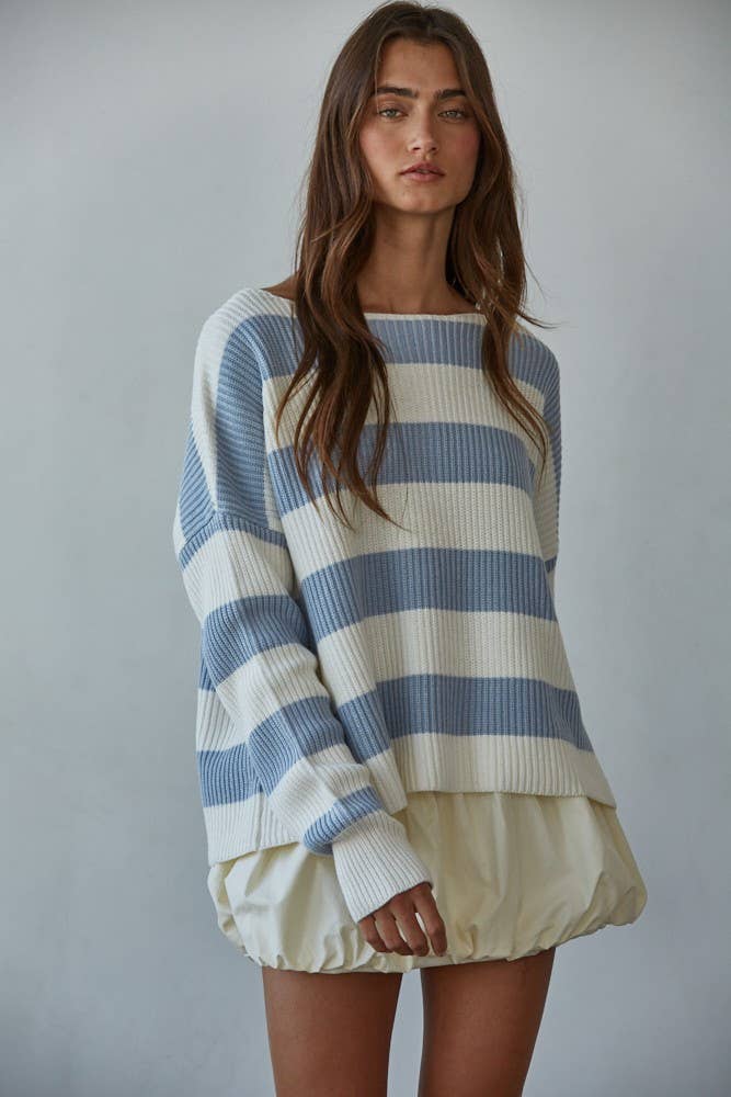 Blue | Knit Sweater Striped Cotton Boat Neck Long Sleeve