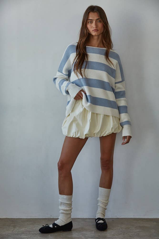 Blue | 100% Cotton Knit Striped Sweater