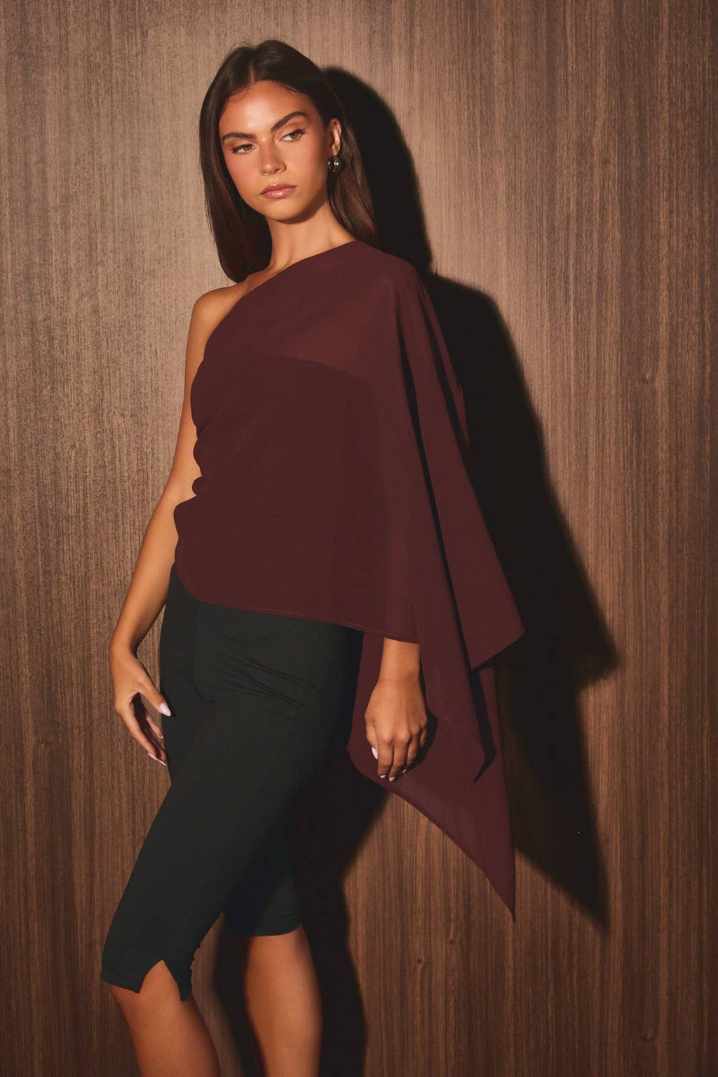 Leighton | Chiffon Cape One Shoulder Top